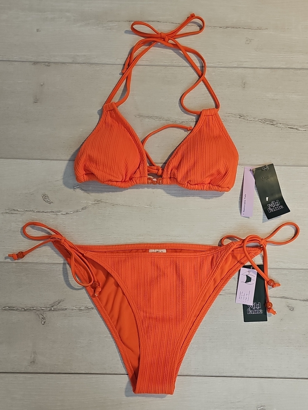 Wild Fable Women's M Orange Ribbed Tie-Side Bikini Set with Bead Accents